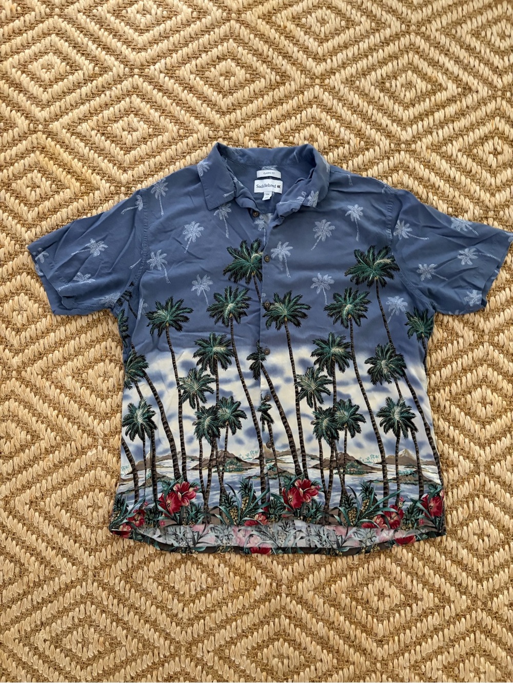 Saddlebred Blue Palm-Print Short-Sleeve Button-Down Shirt